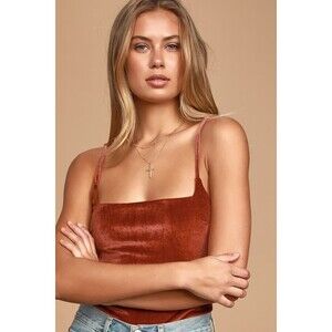 Lulus Ultimate Babe Rust Orange Velvet Square Neck Bodysuit - Size XS